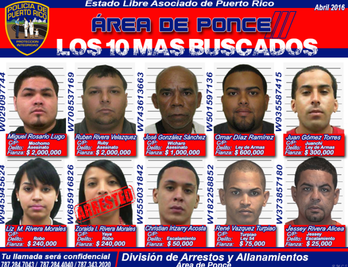 Lista de los Más buscados del área policiaca de Ponce.