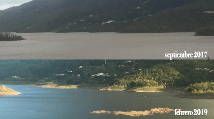 Comparativa del embalse Toa Vaca en Villalba. Arriba, una imagen del 21 de septiembre de 2017, un día después del huracán María, y abajo una foto tomada el 25 de febrero de 2019. (Suministrada / Raymond Zayas)