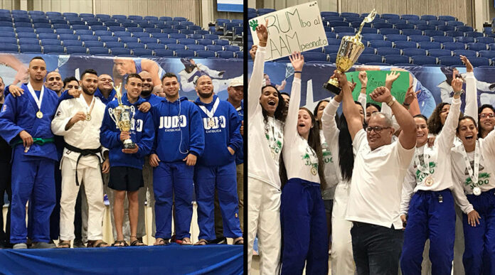 Los Pioneros y las Juanas celebran con sus trofeos de campeonato de judo de la Liga Atlética Interuniversitaria. (Voces del Sur / Revista J / Alanis Rodríguez Cruz)