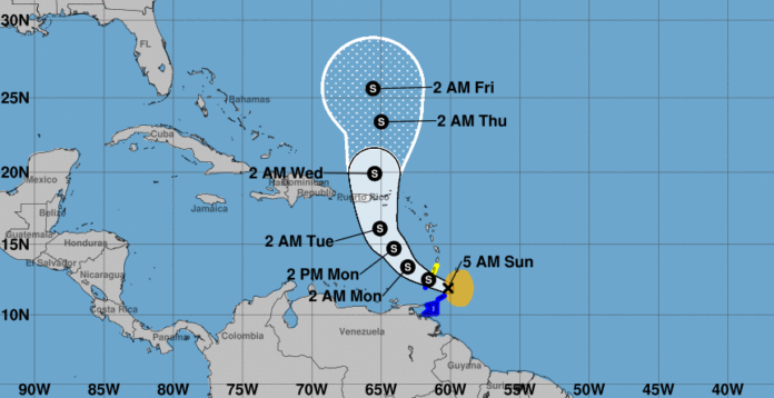 Trayectoria de la tormenta Karen según el informe de las 5:00 a.m. del Centro Nacional de Huracanes.